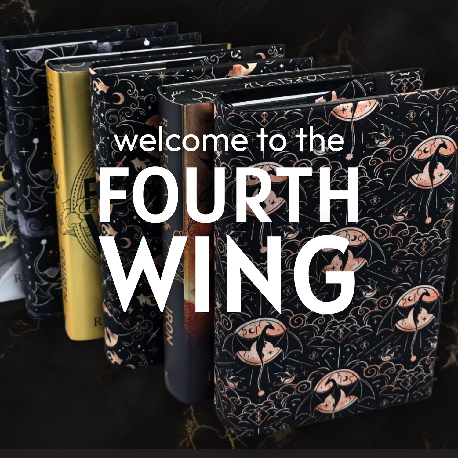 Book stack with Fourth Wing and Iron Flame (Rebecca Yarros) books and matching fabric dust jackets